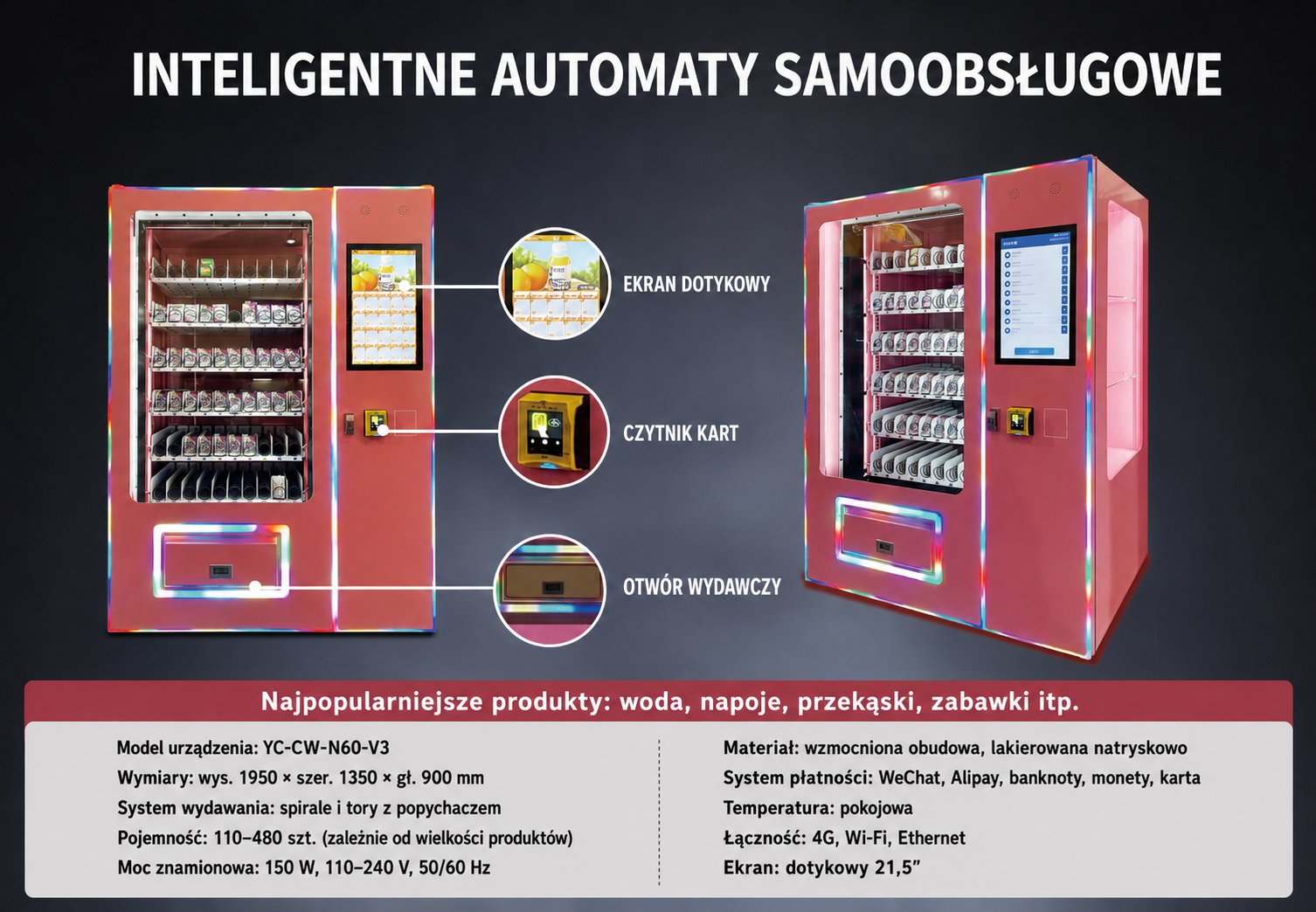 Różowy automat gastronomiczny YC-CW-N60-V3 z ekranem dotykowym