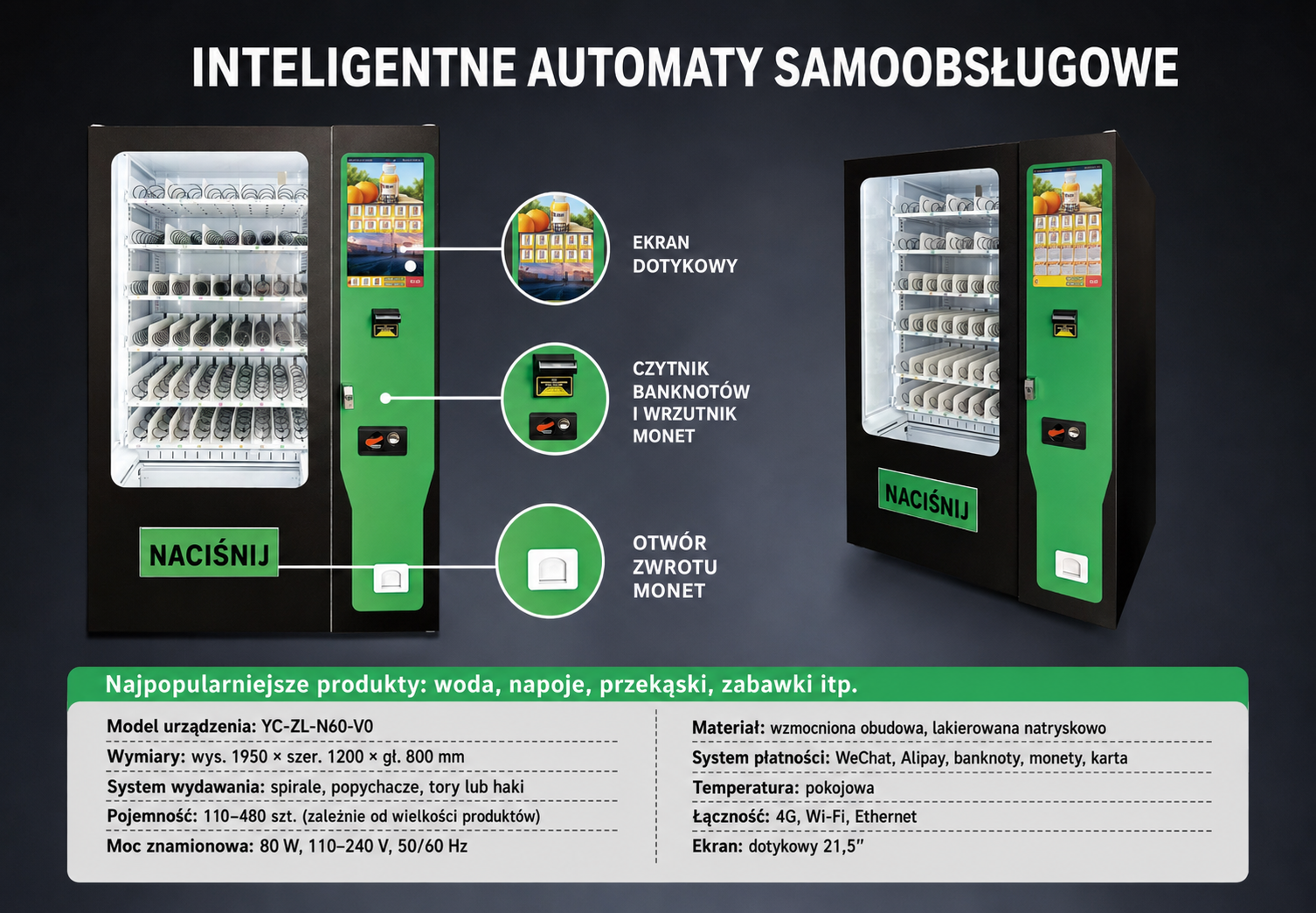 Czarno-zielony automat gastronomiczny YC-ZL-N60-V0
