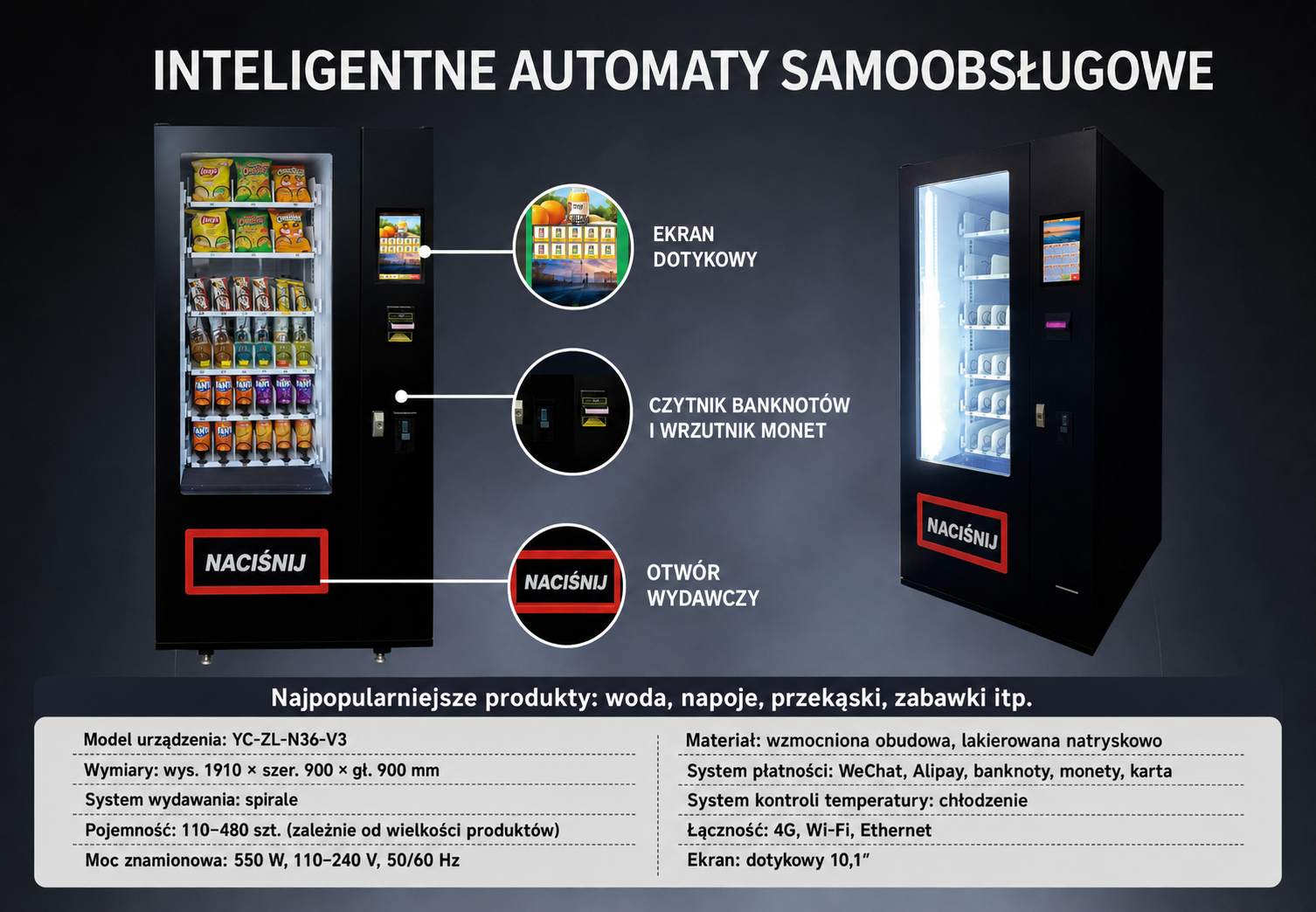 Wąski czarny automat chłodniczy YC-ZL-N36-V3