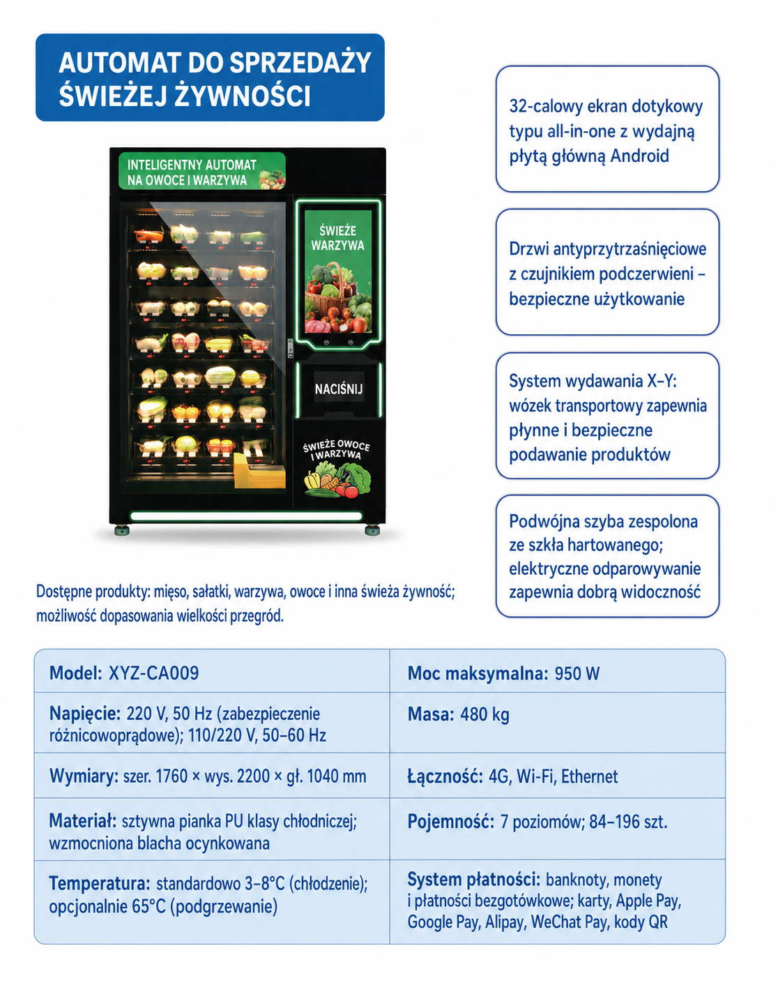 Automat XYZ-CA009 do świeżej żywności z ekranem dotykowym