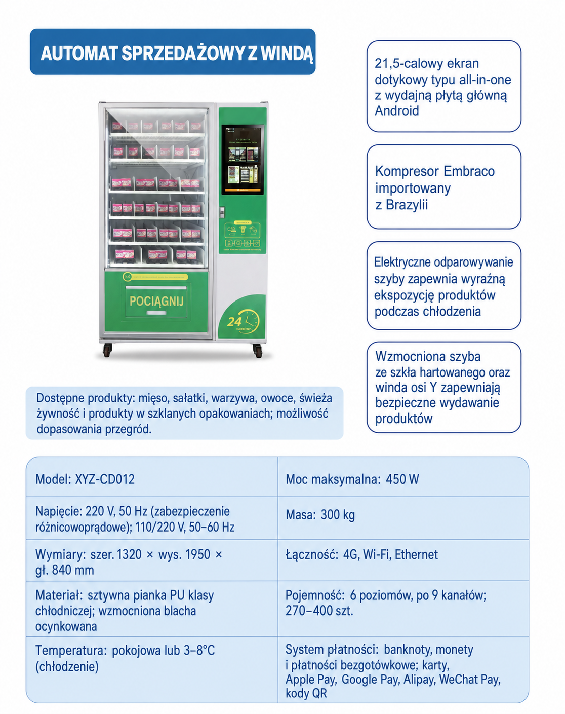 Automat sprzedażowy XYZ-CD012 z windą do delikatnych produktów