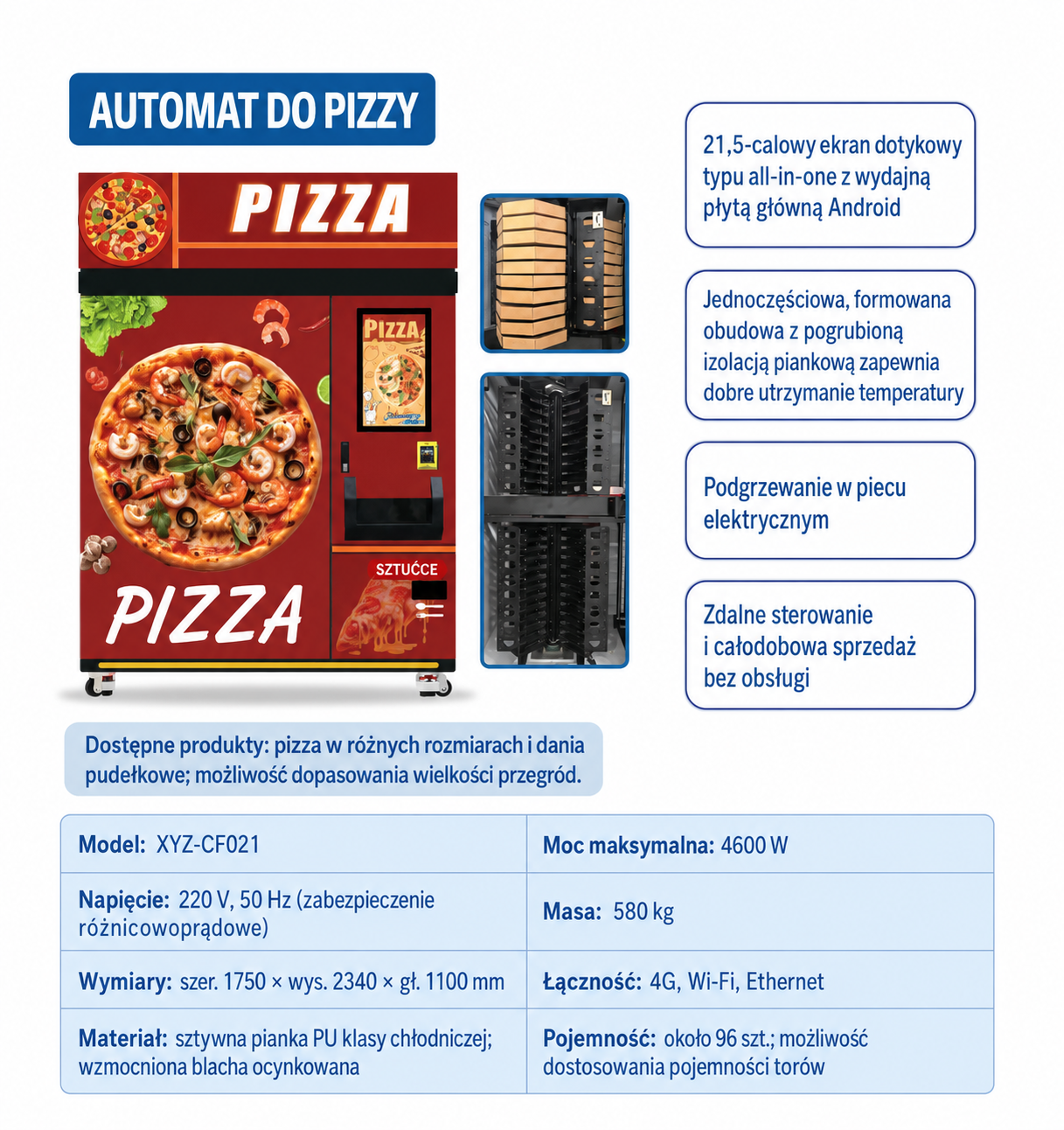 Czerwony automat XYZ-CF021 do sprzedaży i podgrzewania pizzy