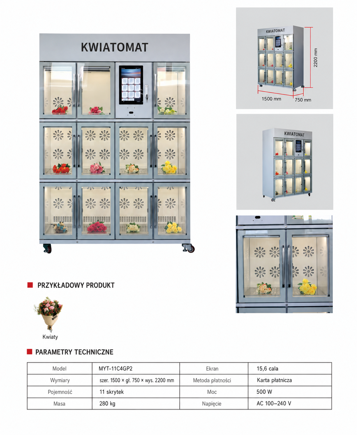 Srebrny kwiatomat MYT-11C4GP2 z 11 skrytkami i ekranem 15,6 cala