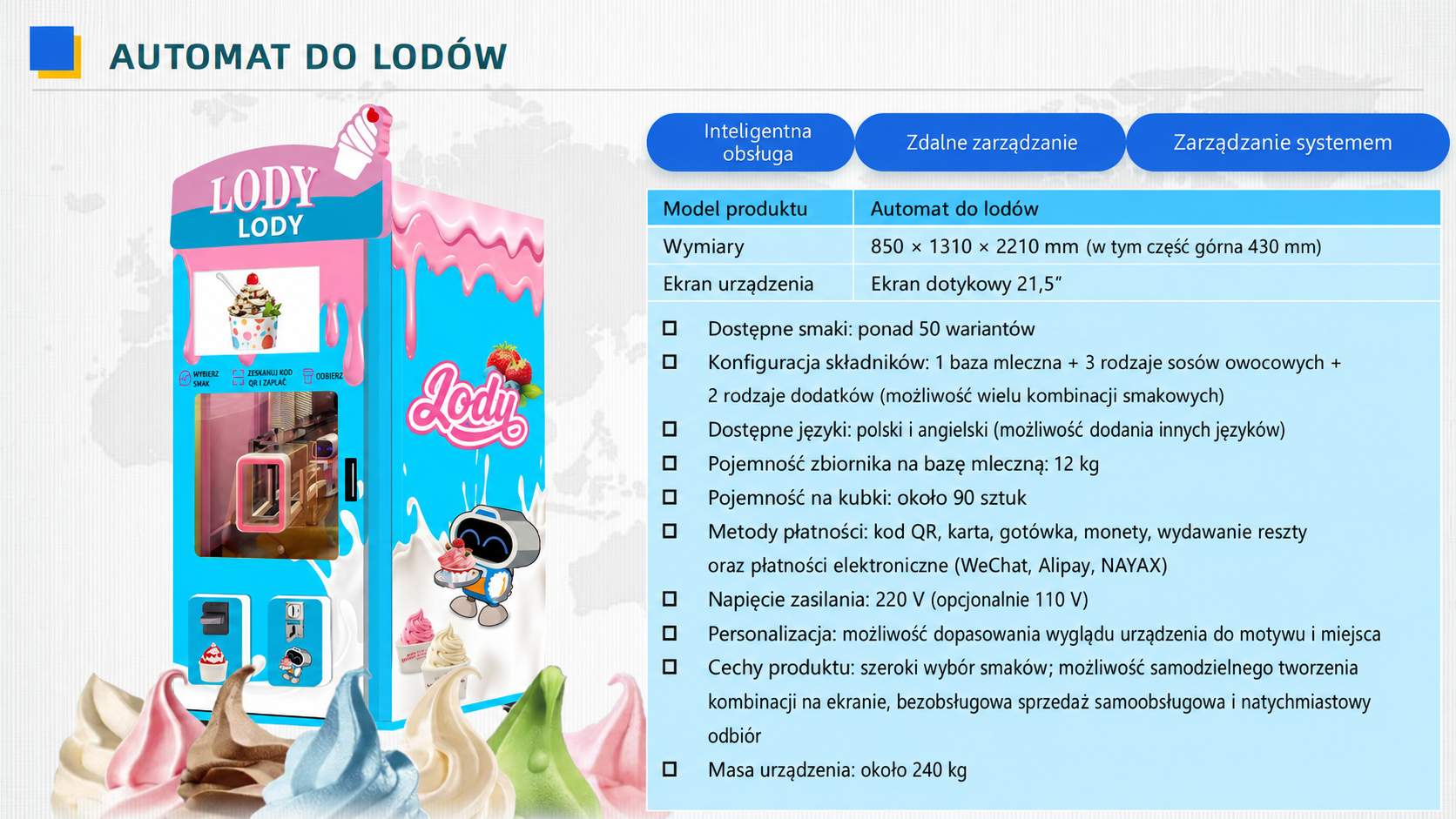 Samoobsługowy automat do lodów z ekranem dotykowym
