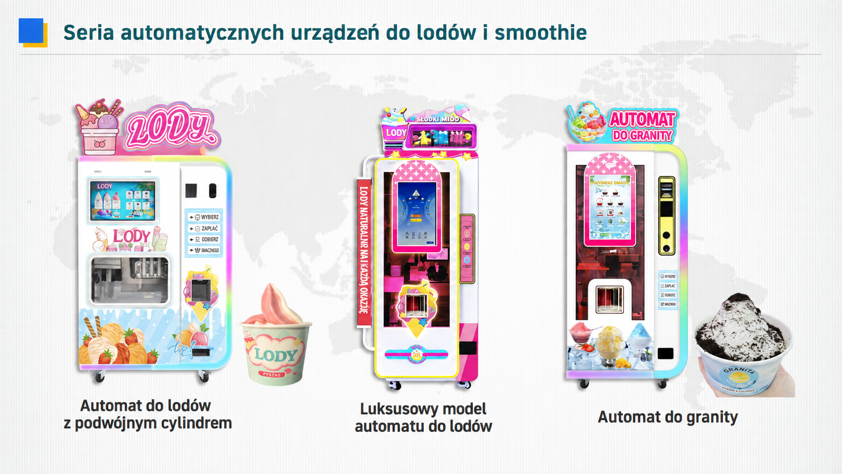 Trzy warianty automatów do lodów i granity