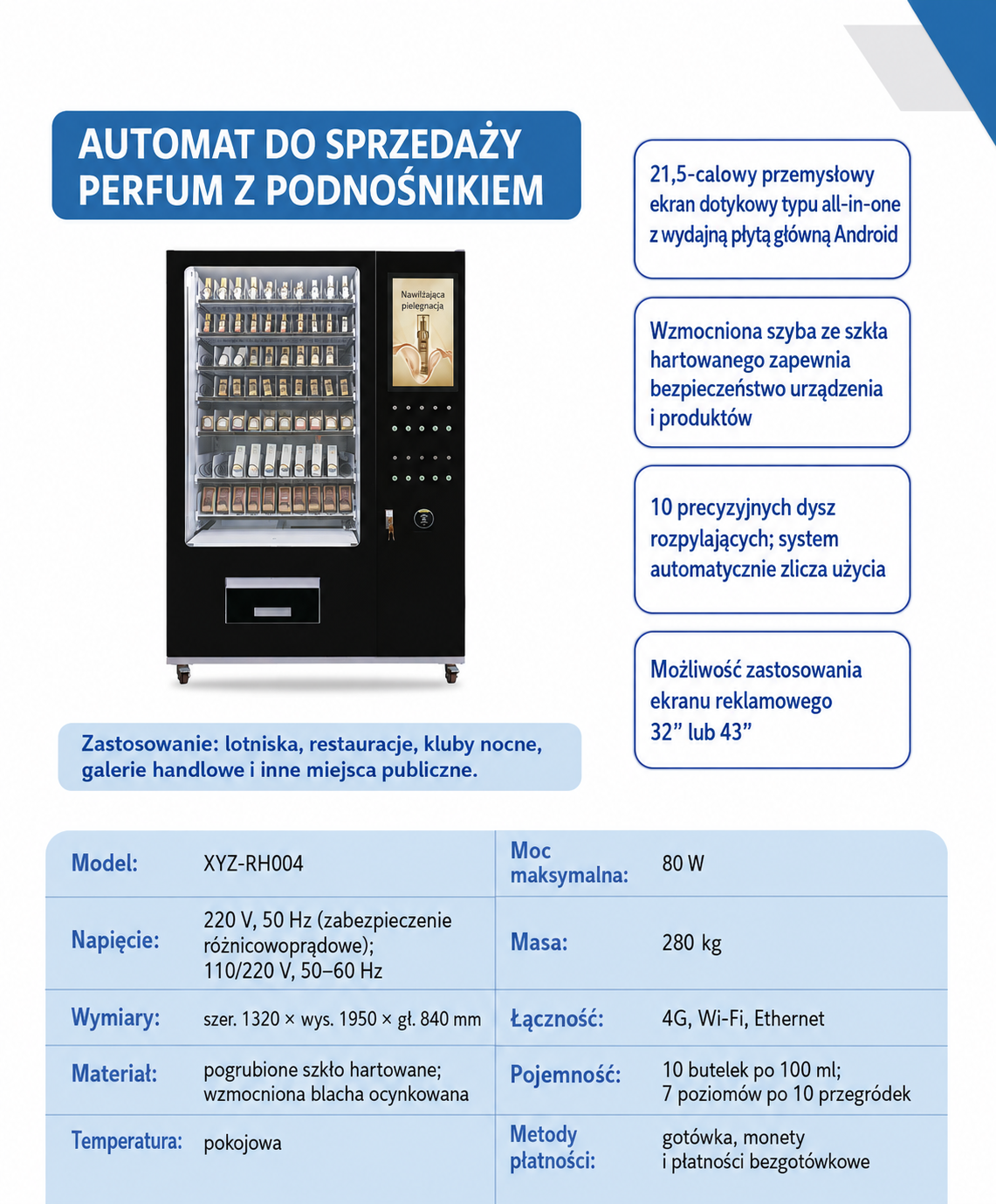 Duży automat do sprzedaży perfum z ekranem dotykowym i podnośnikiem