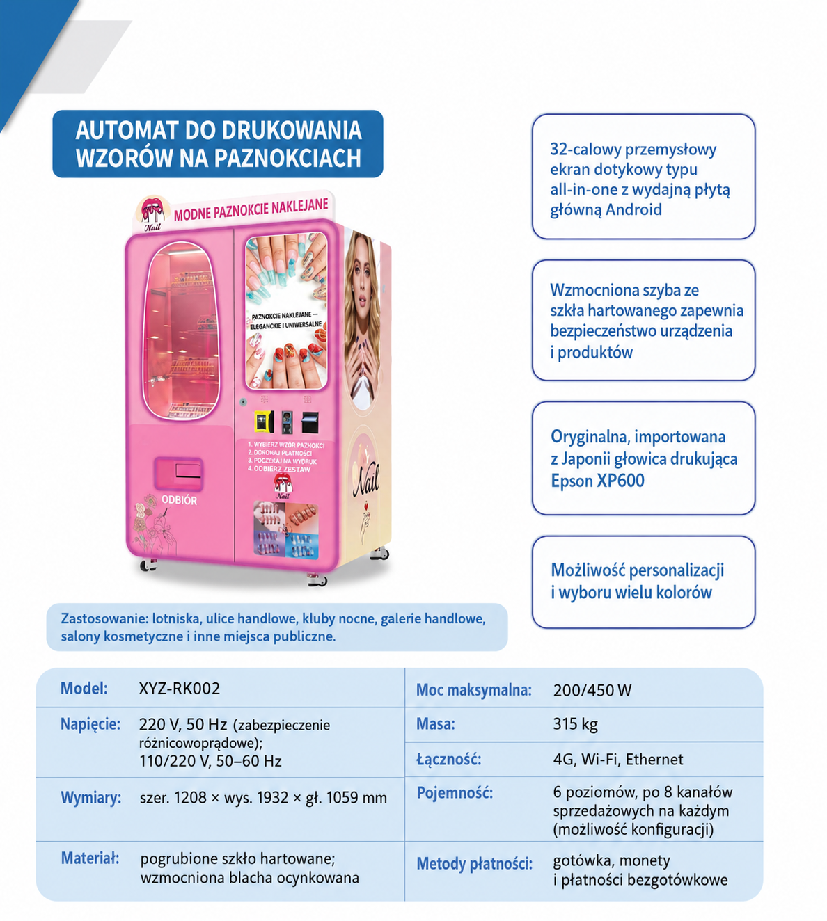 Różowy automat do drukowania i sprzedaży wzorów na paznokciach