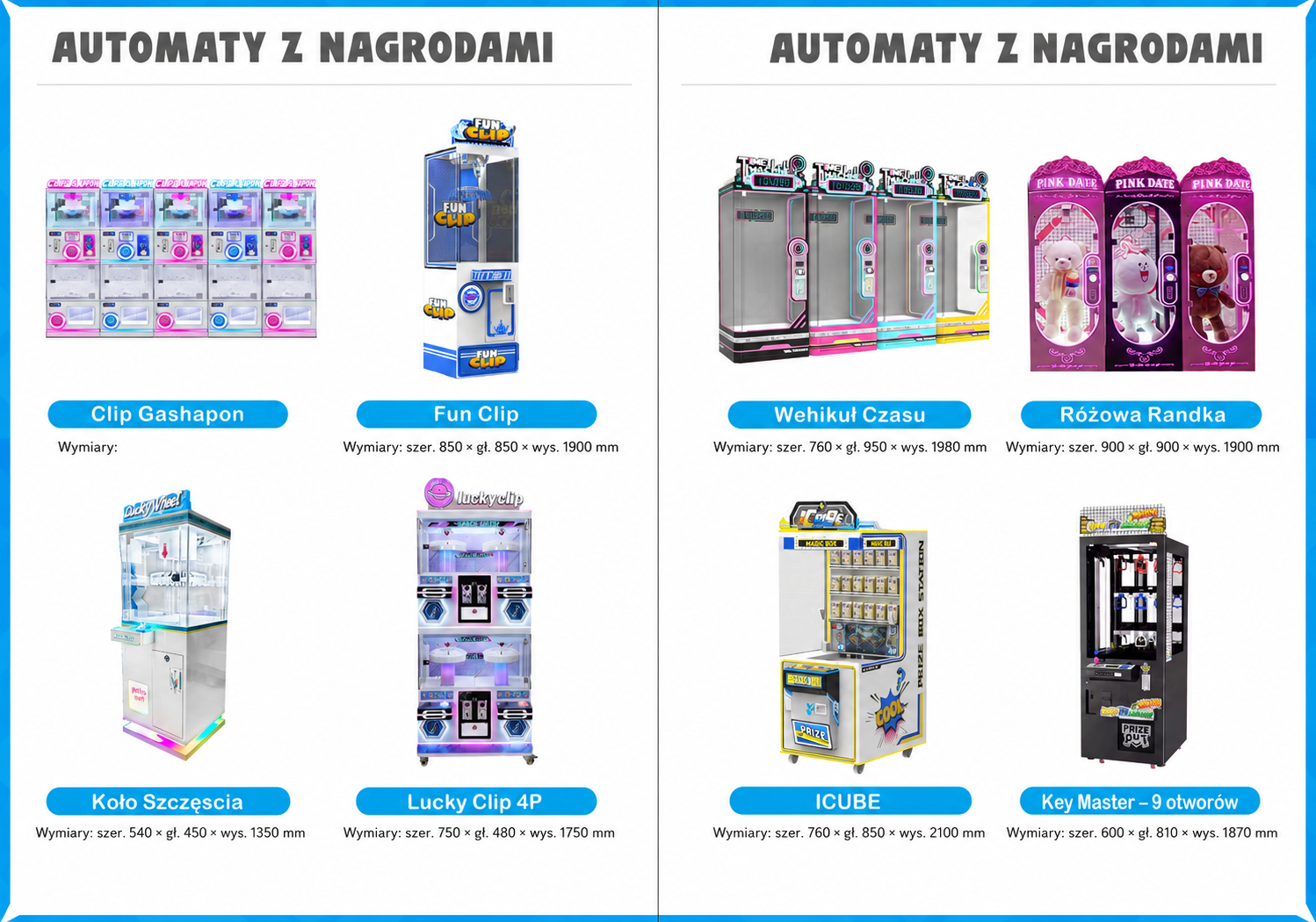 Zestaw automatów zręcznościowych z nagrodami, klipami i pluszakami