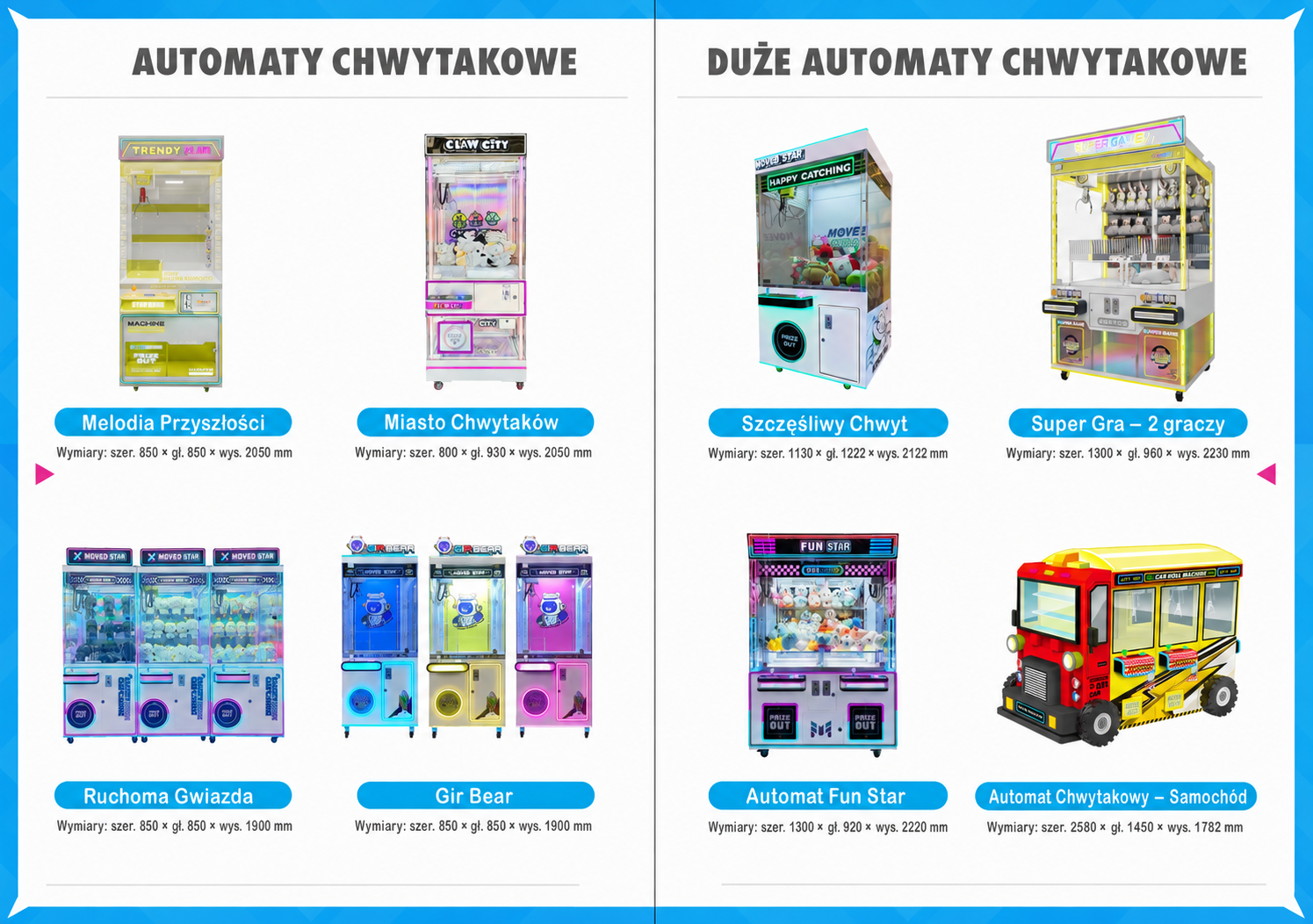Zestaw dużych automatów chwytakowych oraz modeli w formie samochodu